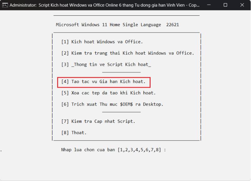 Bấm phím 4 để tạo tác vụ gia hạn bản quyền